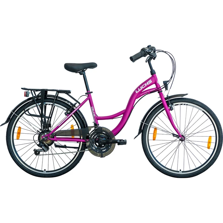 Meyako 26 Zoll Luchs "Feline" Cityrad Hollandrad Citybike Trekkingrad Damen Fahrrad Mädchenfahrrad Fuchsia/Lila, Shimano 21-Gang Kettenschaltung, LED-Lichtanlage