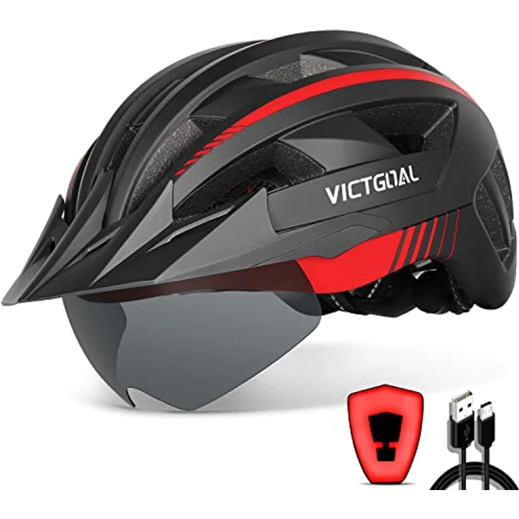 Victgoal VICTGOAL Fahrradhelm MTB für Herren und Damen, Schwarz Rot, mit abnehmbarer magnetischer Schutzbrille, atmungsaktiv, 21 Belüftungskanäle, verstellbare Größe (L: 57-61 cm) – Bild 1
