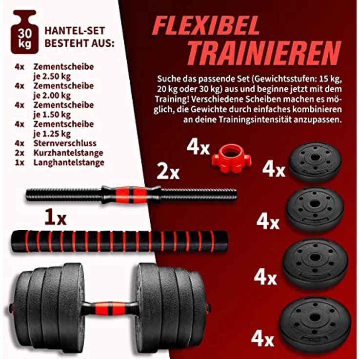 RE:SPORT 2 in 1 Hanteln Set 30 kg | Hantelset verstellbar | Kurzhantel & Langhantel | Sternverschlüsse & Verbindungsrohr – Bild 5