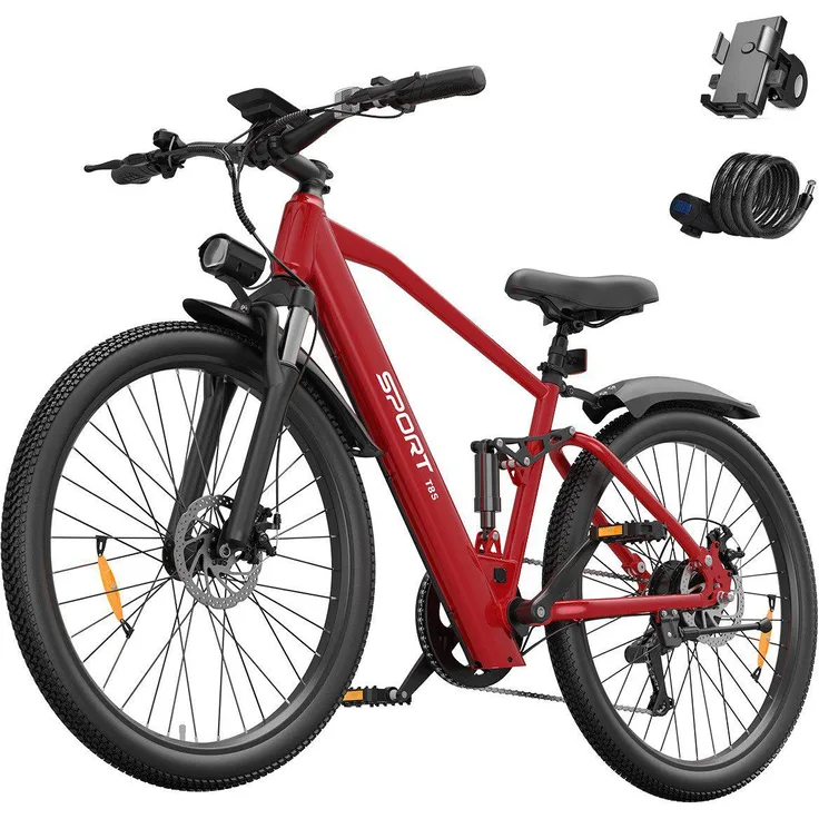 VANKEL E-Bike Cityrad T8S, 26 Zoll E-Mountainbike mit 250W Heckmotor, 624Wh Akku für bis zu 70 km Reichweite, Shimano 7-Gang Schaltung, in Schwarz/Silber/Rot