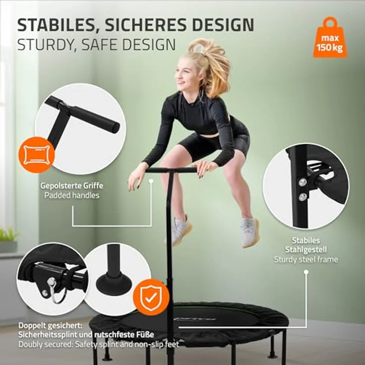 Hauki Fitness Trampolin Indoor, faltbar Ø122 cm, leise Rückprall, höhenverstellbarer Haltegriff, für Erwachsene, robust und gelenkschonend, grün – Bild 3