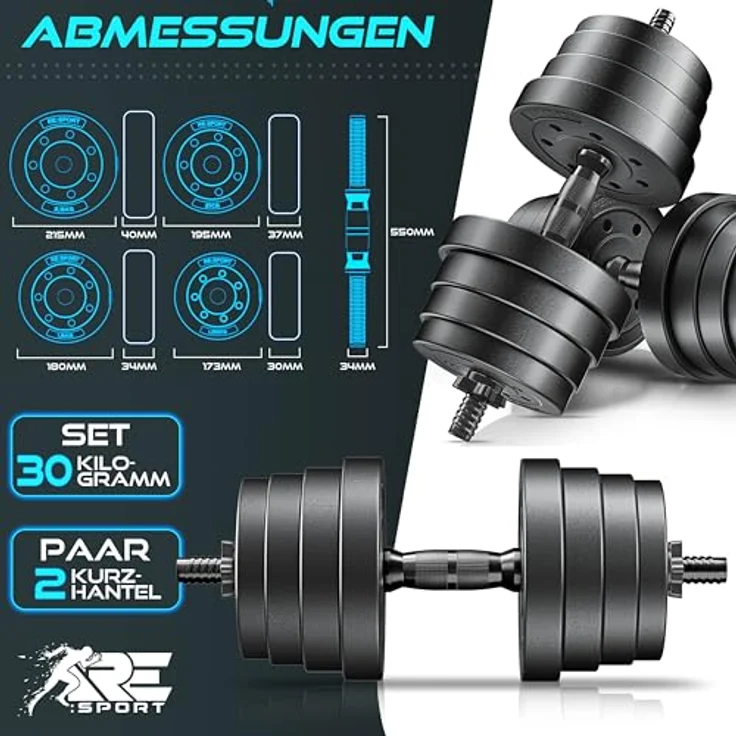 RE:SPORT 2er Hanteln Set verstellbar 15/20/30/40 kg, Hantelset mit rutschfestem Griff, 4 Sternverschlüssen und Zubehör für effektiven Muskelaufbau – Bild 2