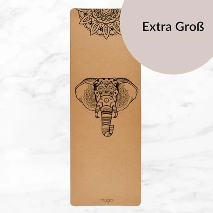 Myga XL Kork Yogamatte, 200 cm x 70 cm, rutschfest, wärmeregulierend, leicht tragbar, 6 mm dick, Elefanten Design, Naturkork – Bild 2