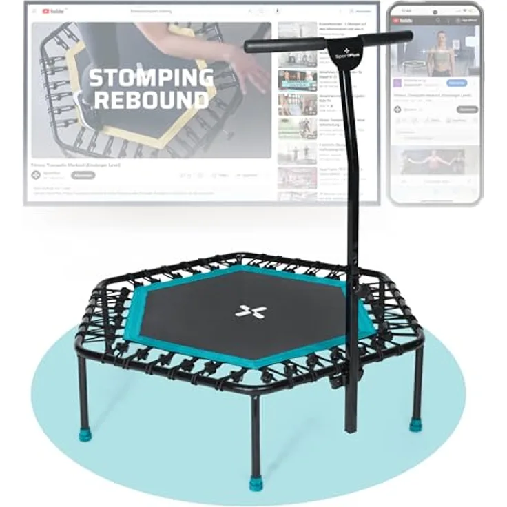 SportPlus Fitness Trampolin für zuhause, mit Haltestange (5-Fach höhenverstellbar), weiche Gummiseilfederung, sehr leise & bis 130 kg belastbar