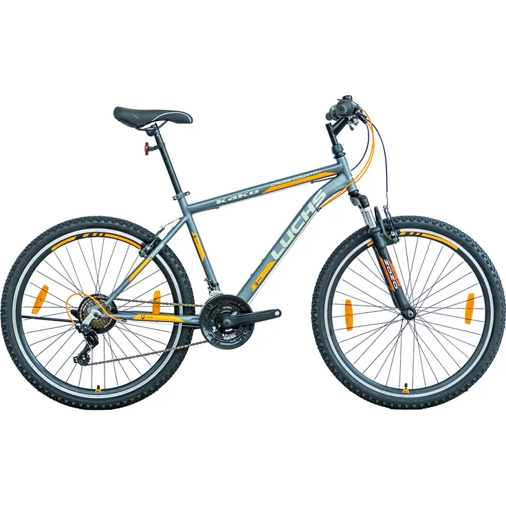 Meyako Luchs "KaKu" Mountainbike 26 Zoll für Jungen, mit 21-Gang Shimano Schaltung und Gabelfederung, Silber/Orange, geeignet ab 150 cm