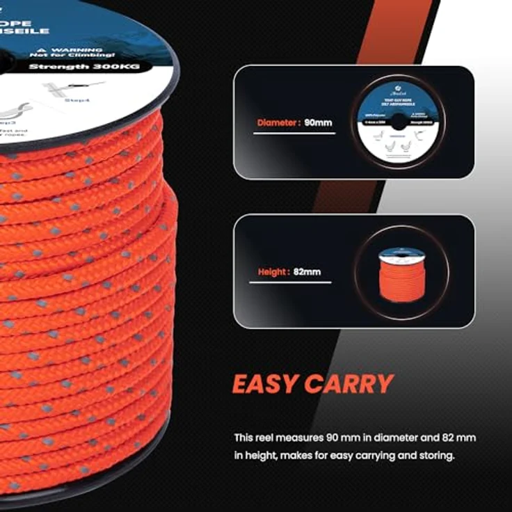 Abma Cord Abspannseile, Zeltseilset mit 6 Seilspannern, 4mm Durchmesser, 30 Meter, reflektierende Neon Orange, 300 kg Bruchlast, UV-beständig – Bild 4
