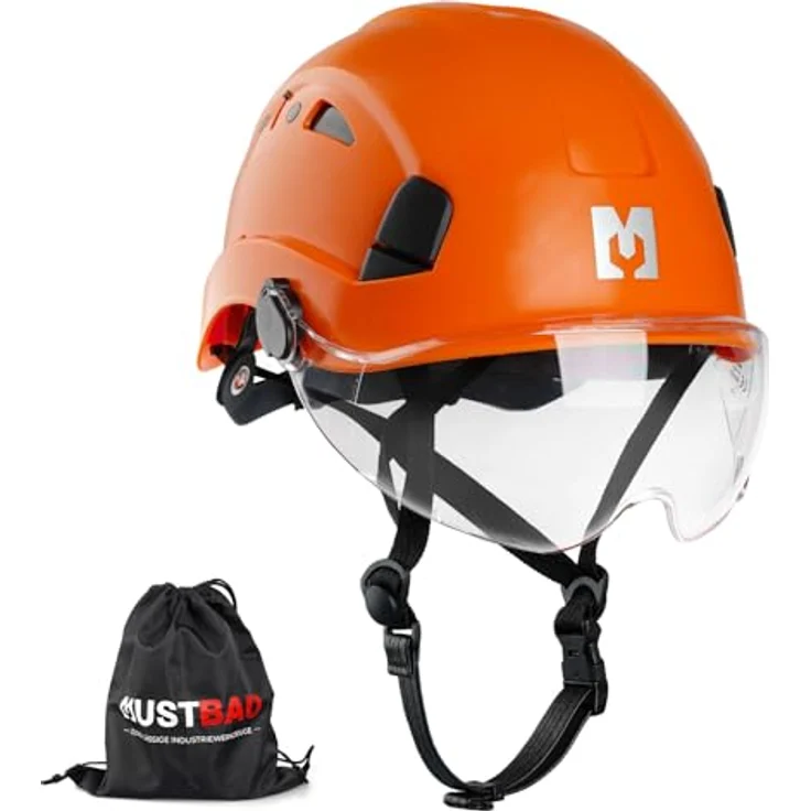 Mustbau Helm HSE06S, Kletterhelm mit gefütterten Schaumstoffpolstern, verstellbarem Drehknopf und robustem Visier, orange – Bild 1