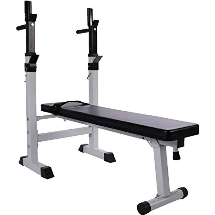 Physionics® Hantelbank mit Zwei Ablagen - Dip-Station, Klappbar, Verstellbare Höhe und Neigungswinkel, bis 200 kg, Schwarz/Weiß - Multifunktion Trainingsbank, Flachbank, Langhantelbank, Drückerbank