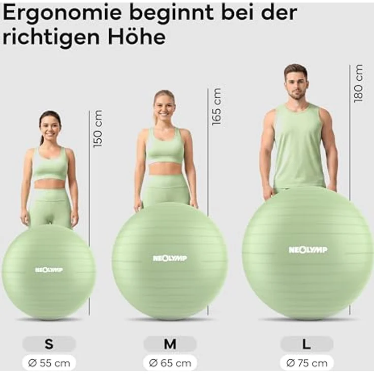 NEOLYMP Gymnastikball Sitzball Büro ergonomisch, Anti-Burst bis 300 kg belastbar, rutschfest, 150 cm (Matcha, S) – Bild 3