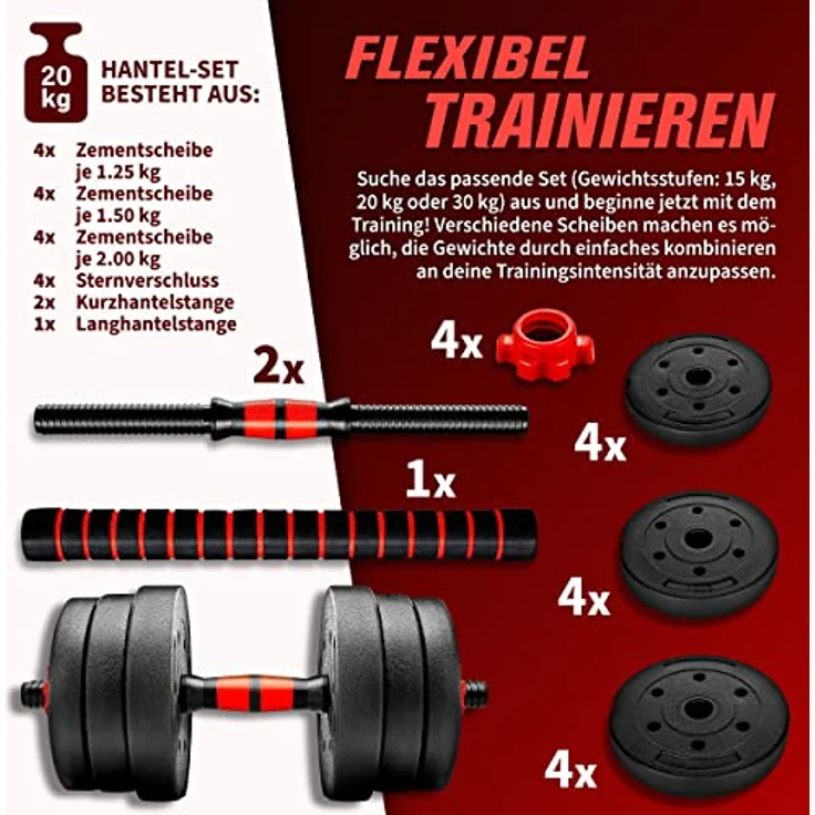 RE:SPORT 2 in 1 Hanteln Set 20 kg | Hantelset verstellbar | Kurzhantel & Langhantel | Sternverschlüsse & Verbindungsrohr – Bild 5