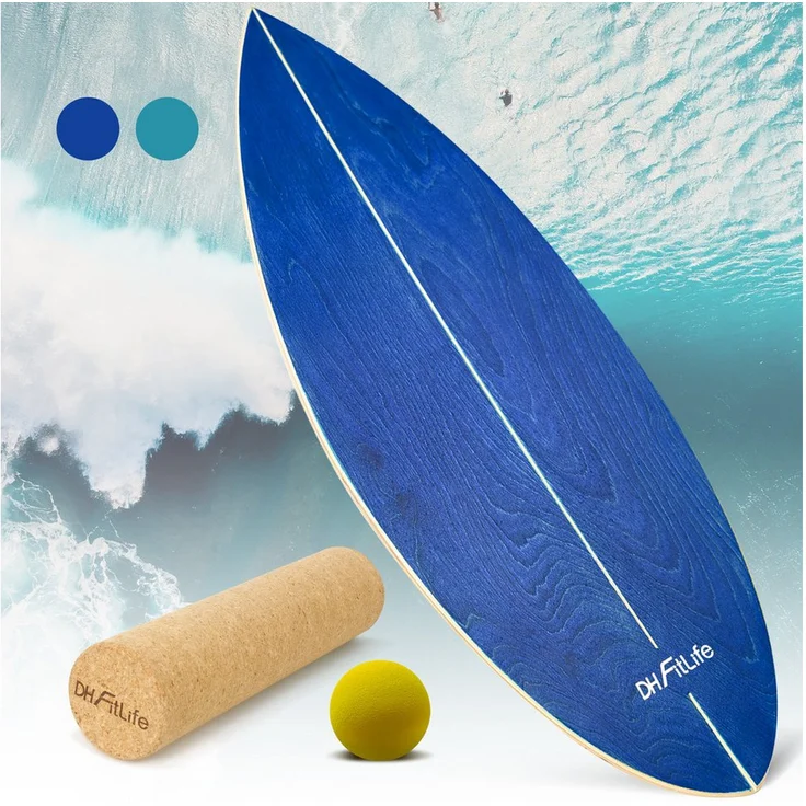 DH FitLife Balanceboard Surfin Board aus Echtholz, Rocker Shape, wackelbrett für Kinder und Erwachsene, bis 150 kg Tragkraft, inkl. Rolle und Kugel