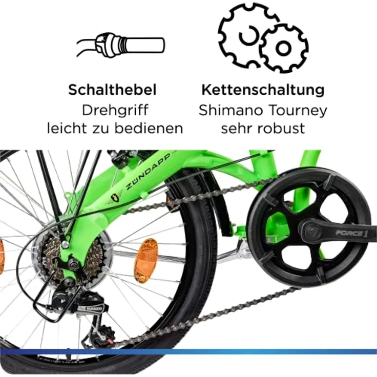 Zündapp ZF20 Speed Folder, 20 Zoll Klapprad mit 6 Gang Shimano Tourney Schaltung, schwarz/grün – Bild 8