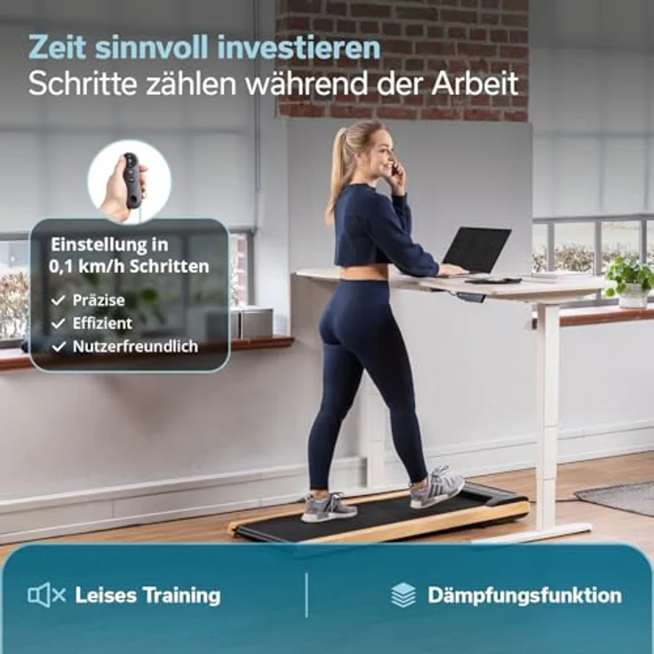 Skandika Walking Pad Nordik K6-H, Laufband für zuhause mit 6 km/h, LED-Display, Fernbedienung und Kinomap, elegantes Design mit Echtholz-Details für Büro und Home Office – Bild 3