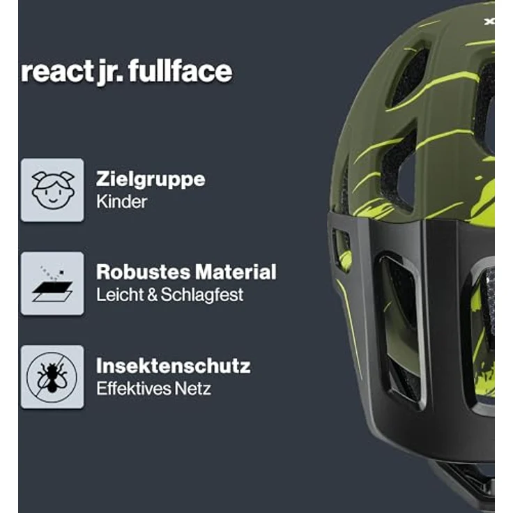 Uvex React jr.fullface, sicherer MTB Fahrradhelm für Kinder mit individuelle Größenanpassung und abnehmbarem Kinnschutz, Dark Olive matt, 52-56 cm – Bild 2