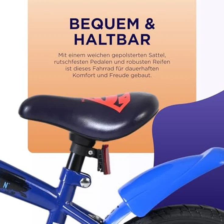 Volare Superman, Kindervelo 14 Zoll, stabiler Metallrahmen, dunkelblau, mit Handbremse und abnehmbaren Stützrädern – Bild 5