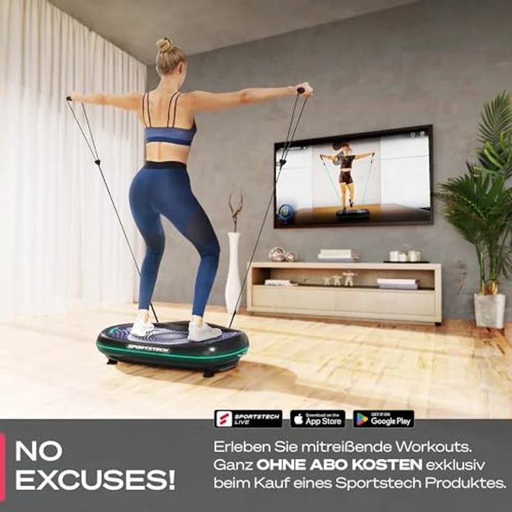 Sportstech 4D Premium Vibrationsplatte | Smart LED I 3 leise Motoren INext-Level Training mit Workout Sitz, Liegestützgriffe etc I Color Touch Display + Bluetooth I Fitness & Yoga für Zuhause |VP500 – Bild 2