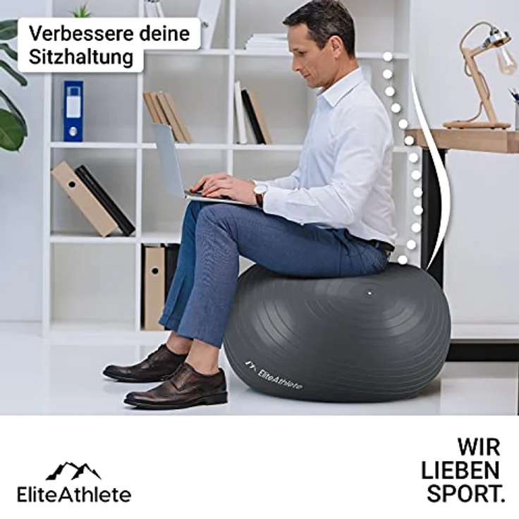 EliteAthlete Gymnastikball Sitzball Büro ergonomisch mit Anti Burst System - Fitness Pilates Schwangerschaft - Schwangerschaftsball Fitnessball Yogaball - Yoga Ball 55cm inkl. Luftpumpe – Bild 3