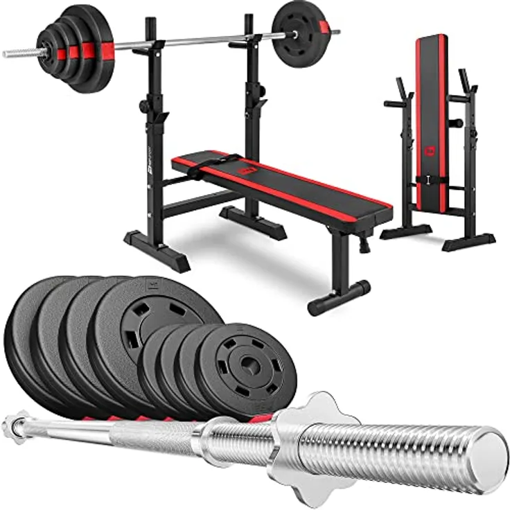 HS HOP-SPORT klappbare Hantelbank mit Gewichten 1080, höhenverstellbarer Hantelständer, robuster Langhantel, Inkl. 39/69/99 kg Hanteln Set, Stabile Konstruktion, Vielseitig verstellbar, Schwarz