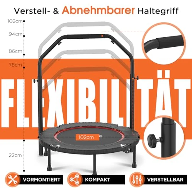 DH FitLife Fitness Indoor Trampolin klappbar ohne Installation | Ø102cm 40 Zoll Mini Trampoline | Tragfähigkeit 150 KG | 4 verstellbare Handgriffstufen | Stabiler und leiser für Kinder u. Erwachsene – Bild 5