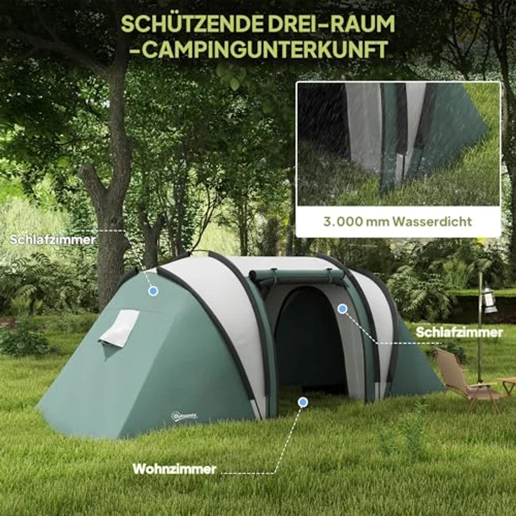 Outsunny Tunnelzelt für 4-5 Personen, wasserabweisendes Familienzelt mit 2 Schlafzimmern, 3000mm Wassersäule und 3 Mesh-Fenstern, inkl. Zubehör – Bild 3