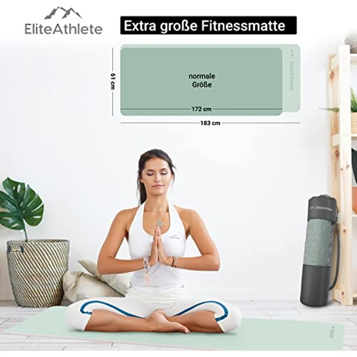 EliteAthlete Yogamatte - Sportmatte - Fitnessmatte - Gymnastikmatte gepolstert & rutschfest für Fitness, Pilates - Yoga Matte - 183 cm x 61 cm x 0.6 cm - Trainingsmatte inkl. Transportgurt + Tasche – Bild 3
