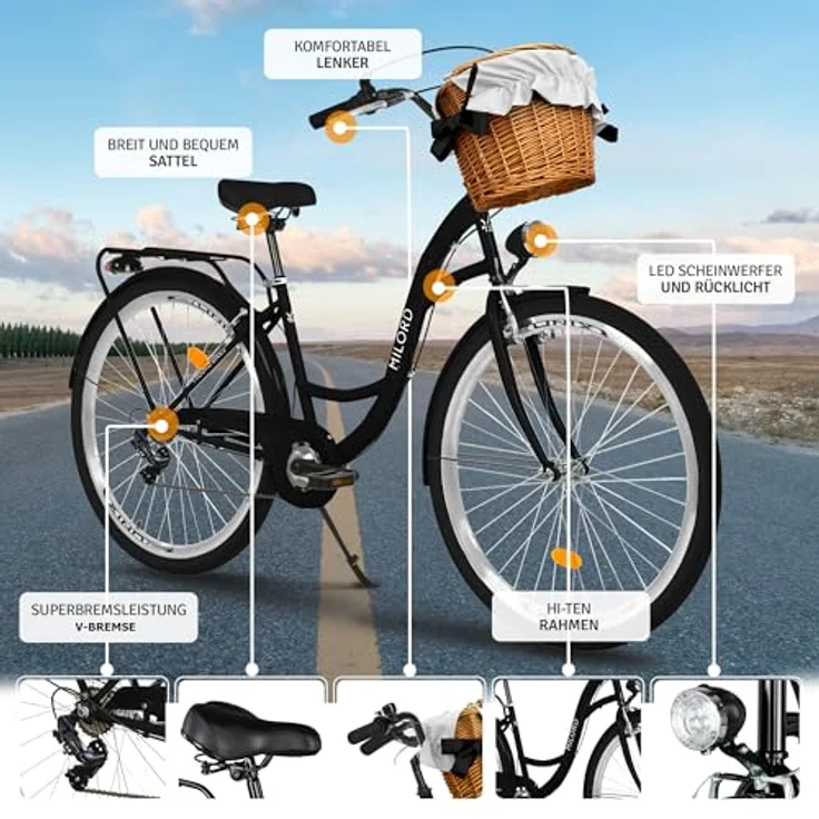 Milordbikes City-Fahrrad, Schwarz, 46 cm, leicht rollende City-Reifen, Aluminiumfelgen, vormontiert – Bild 2