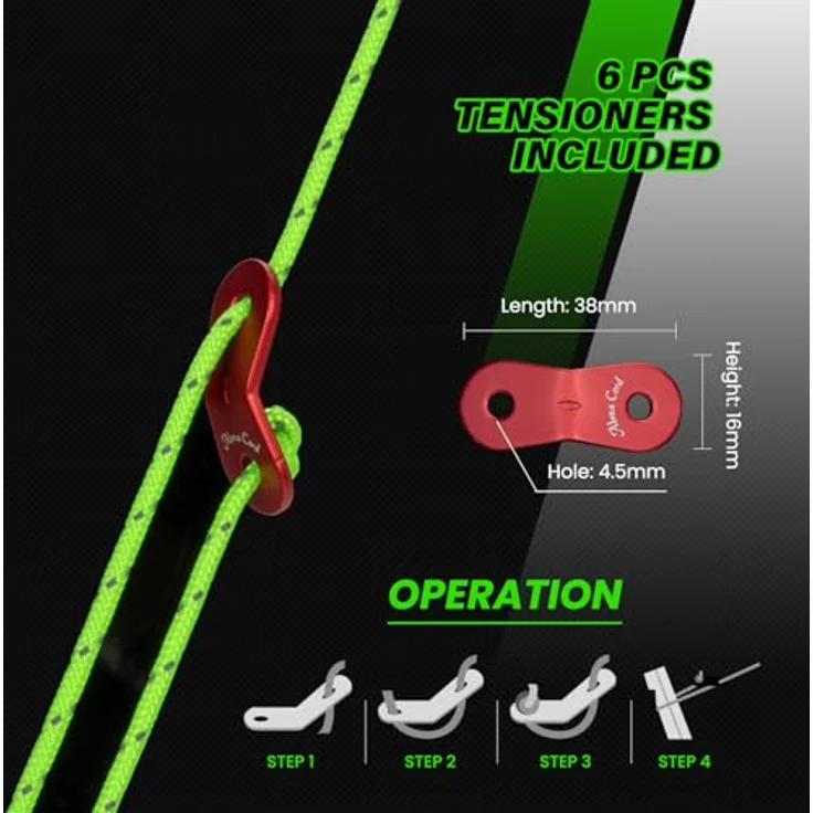 Abma Cord Abspannseile, 30m Zeltschnur mit 6 Seilspannern, 3mm Durchmesser, reflektierende Neon Grün, 200 kg Bruchlast, ideal für Camping und Outdoor-Aktivitäten – Bild 5