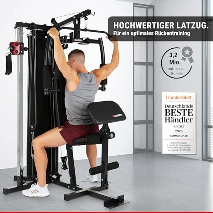 HAMMER Kraftstation Ferrum TX2, Trainingsstation mit Seilzugsystem, umfangreiches Zubehörset, Übungen für Bauch, Rücken & Co, über 45 Übungsmöglichkeiten, 150 x 120 x 198 cm – Bild 4