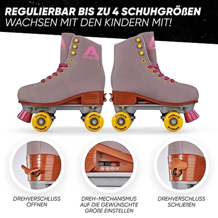Apollo Rollschuhe Retro Discoroller, verstellbare Disco Roller Skates, größenverstellbar Rollerskates, Retro Design, schwarz – Bild 3