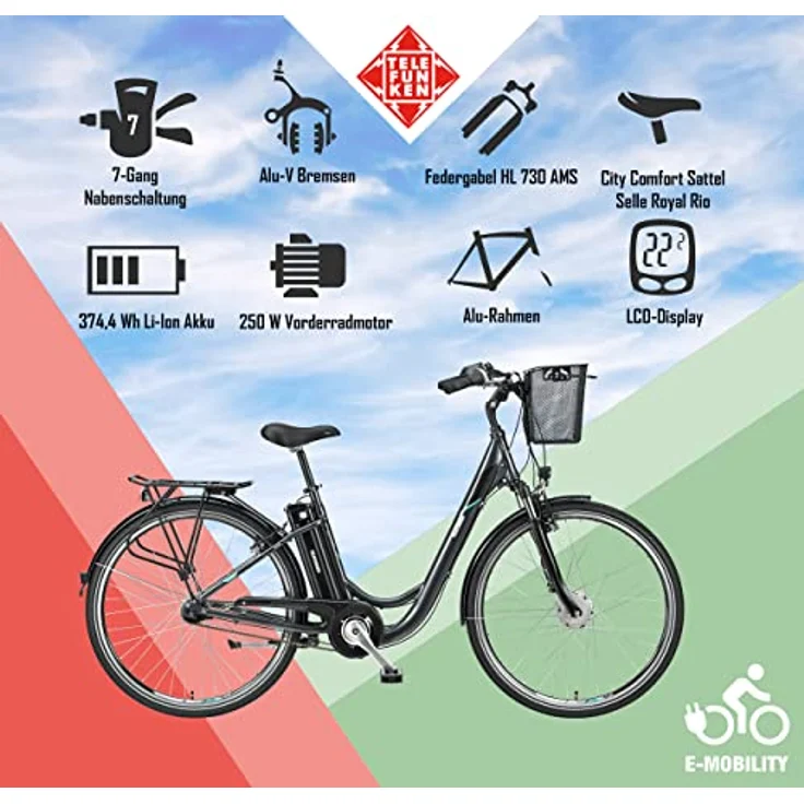TELEFUNKEN E-Bike Damen 28 Zoll Elektrofahrrad - Pedelec Citybike Alu, Frontmotor 250W /10,4Ah / 36V, Reichweite bis zu 100 km, schwarz – Bild 5