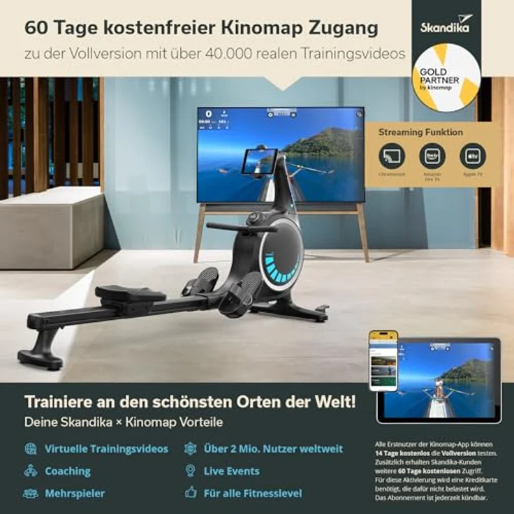 Skandika Rudergerät Nemo V Hybrid | Wasser und Magnetwiderstand kombiniert, 90° Tank, bis 200 cm & 150 kg, Kinomap App kompatibel, Bluetooth, aufstellbar | Wasserrudergerät für Zuhause – Bild 5