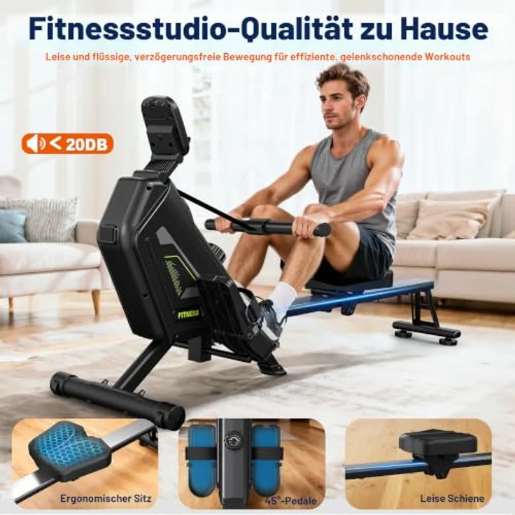 VOWVIT Rudermaschine magnetisch, 16 Widerstandsstufen, leise, App-kompatibel, bis 160 kg, Schwarz/Holzmaserung – Bild 6