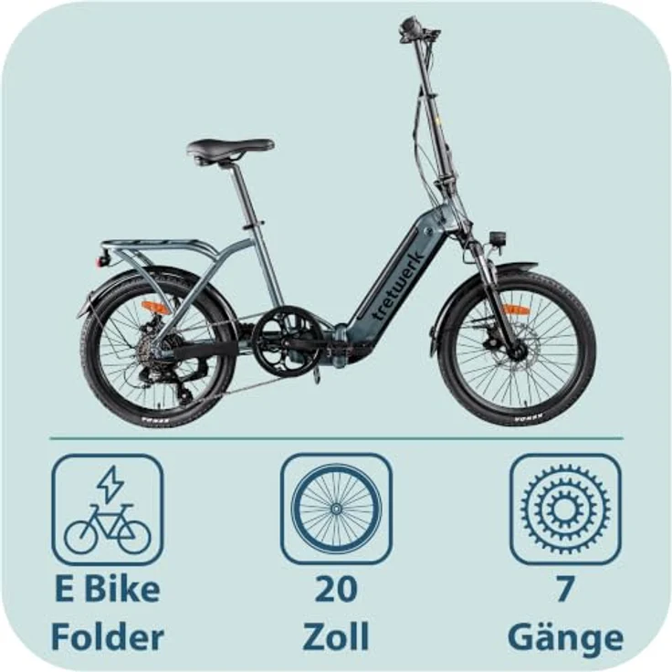 Tretwerk Camper E-Bike, faltbares Elektrofahrrad mit 468 Wh Akku und Shimano 7-Gang-Schaltung, grau – Bild 2