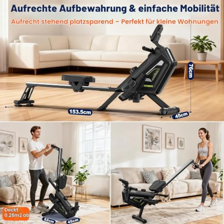 VOWVIT Rudermaschine magnetisch, 16 Widerstandsstufen, leise, App-kompatibel, bis 160 kg, Schwarz/Holzmaserung – Bild 7