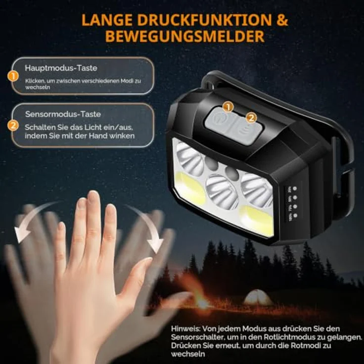 Diboniur Stirnlampe LED, wiederaufladbar, 10 Lichtmodi, IPX5, mit USB-C-Ladefunktion und stufenloser Dimmerfunktion – Bild 2