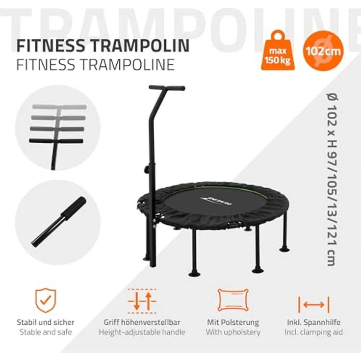 Hauki Fitness Trampolin Indoor Ø102 cm, faltbar in Grün, gelenkschonend mit höhenverstellbarem Haltegriff, leise und robust, bis 150 kg, ideal für Zuhause – Bild 2