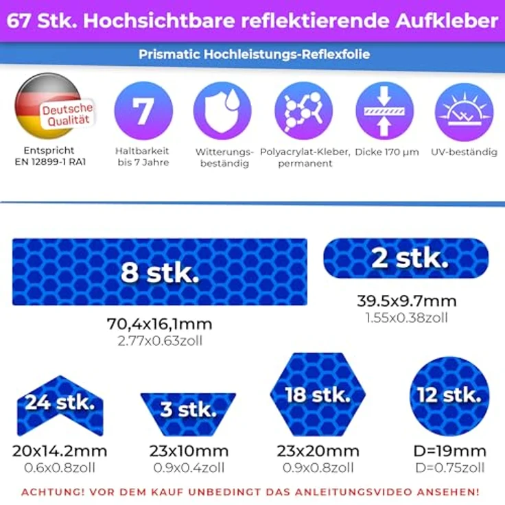LOOM Fahrrad Reflektoren Aufkleber Set, 67 Stück in Prismatic Blau, German Oralite Qualität, wasserdicht, für Helm, Auto, Anhänger und Schulranzen – Bild 2