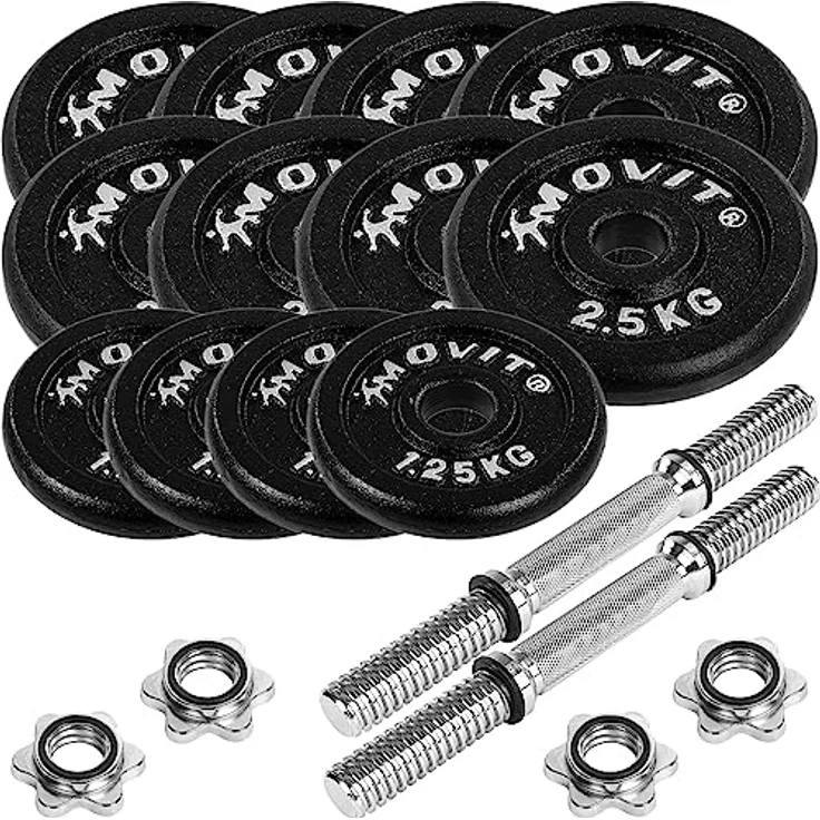 MOVIT® Kurzhantel PRO Set, Gusseisen Hantel, 2x 15kg, Stange 30mm Standardnorm, Griff gerändelt, Sternverschlüsse, Hantel Set Kurzhantelset Gewichte – Bild 2