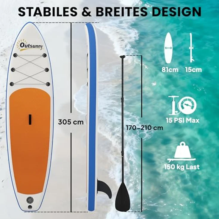 sportnow Outsunny Stand Up Paddling Board Set, Aufblasbar 305cm mit Paddel, orangefarbene EVA-Anti-Rutsch-Matte, max. 150kg Belastbarkeit, komplettes Zubehörset – Bild 7