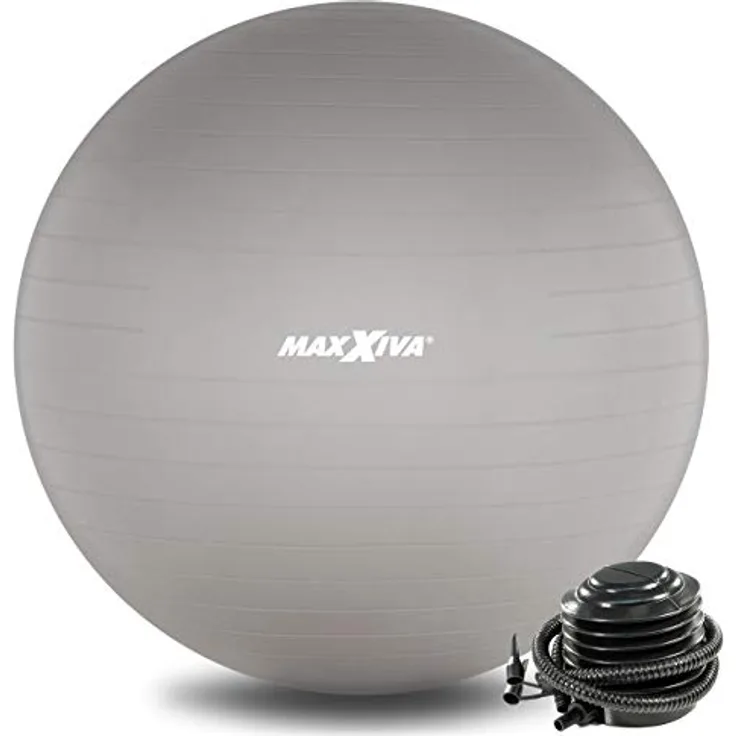 MAXXIVA® Gymnastikball Anti-Burst mit Luftpumpe bis 250 kg hautfreundlicher Sitzball Reha Hometraining Balanceball Yoga Pilates Sport Fitnessball (65 cm, Silber)
