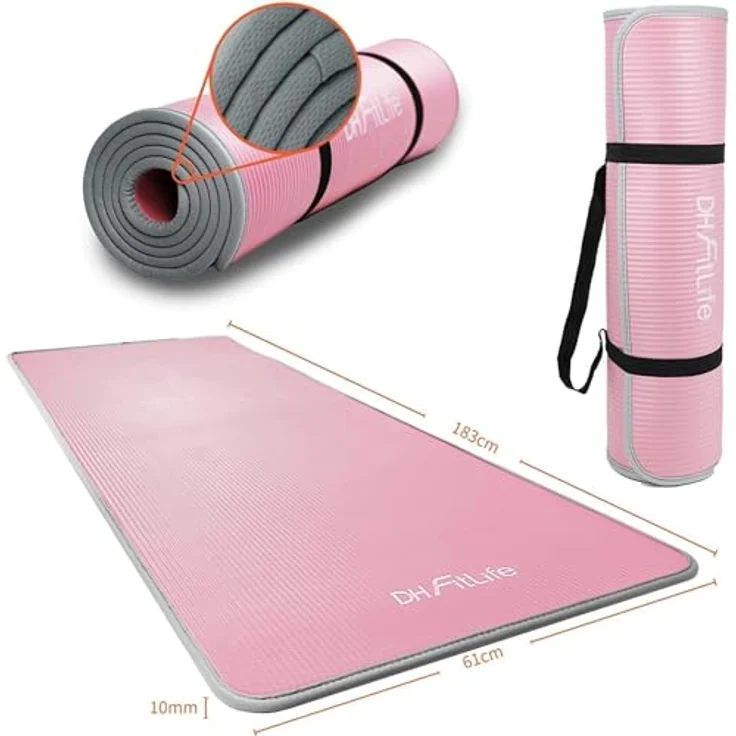DH FitLife Trainingsmatte Fitnessmatte 183 * 61 * 1 cm, extra reißfest, rutschfest, Yogamatte dick, Workout Matte (pink) – Bild 5