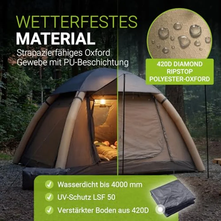 JUSKYS® EasyFlow M, Aufblasbares Camping Zelt für 3 Personen mit Vordach, wasserdicht, UV-Schutz LSF 50, inklusive LED-Lampe & Zubehör – Bild 3