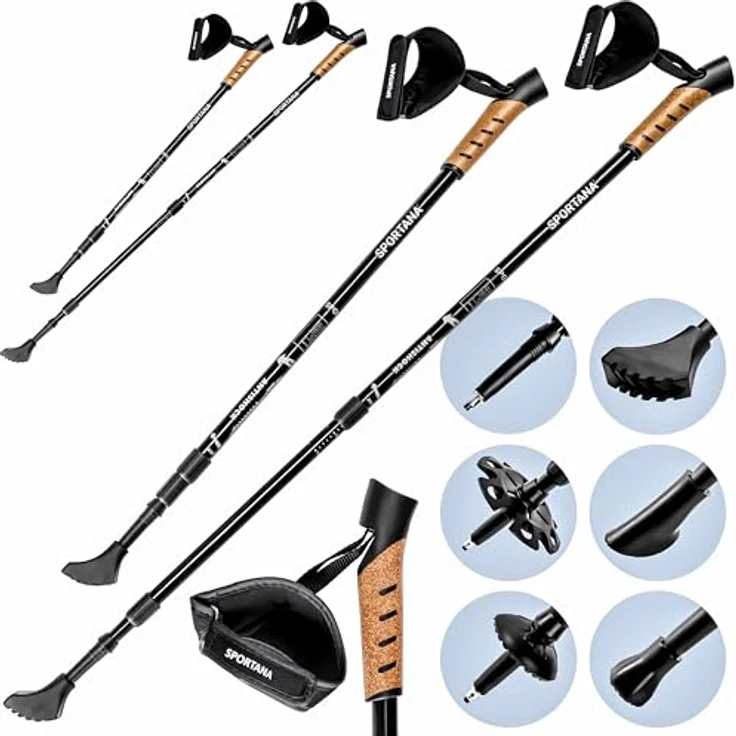 SPORTANA® Wanderstöcke Teleskop, 68-135cm verstellbar mit Anti-Shock-Federung, leicht Aluminium-Kork, Gummipuffer für Herren und Damen, Farben: Rot, Orange, Grau – Bild 1
