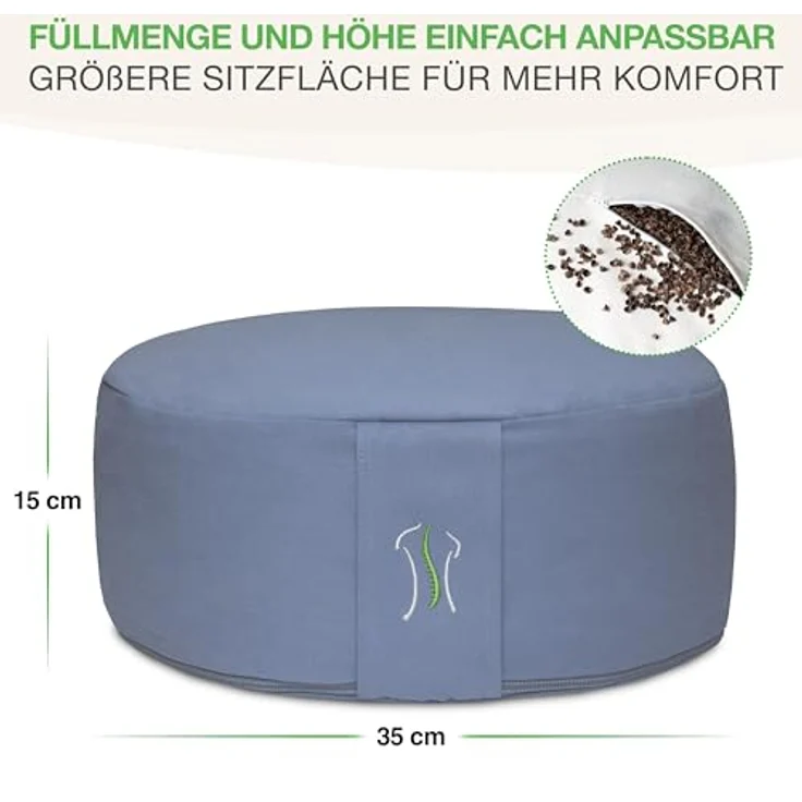 BACKLAxx® Yoga Kissen, Meditationskissen XL 35cm [30% mehr Sitzfläche], 15cm hoch mit Buchweizenfüllung, perfektes Meditation Zubehör, Yogakissen rund inkl. Videokurs - Pouf Sitzkissen Boden – Bild 3