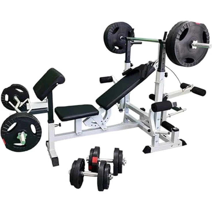 GORILLA SPORTS® Hantelbank - inkl. 100kg Hantelset, Ablage, Dip-Station, Curlpult, Beincurler, Butterfly, Latzug, Verstellbar, Schwarz/Weiß - Multifunktion Trainingsbank mit Gewichten, Kraftstation – Bild 2