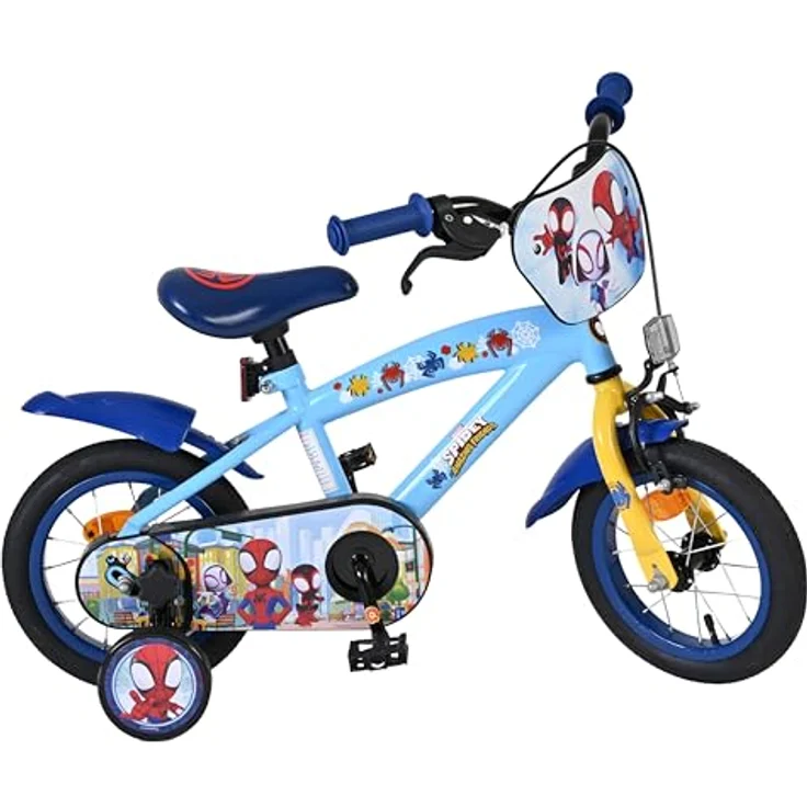 Volare Spidey Kinderfahrrad, 12 Zoll, Blau, abnehmbare Seitenräder, höhenverstellbarer Sattel und Lenker, Rücktritt- und Handbremse, geschlossener Kettenkasten – Bild 1