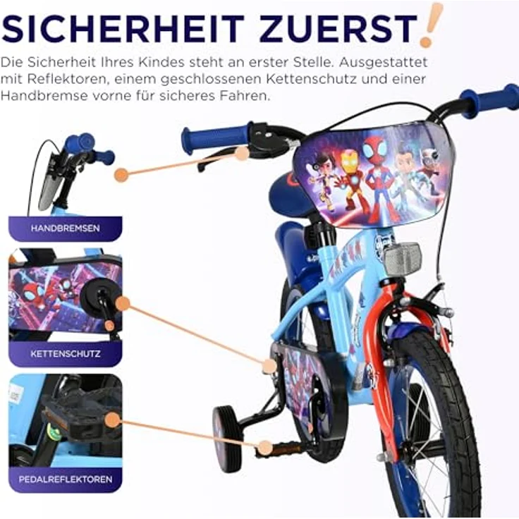 Volare Spidey Kinderfahrrad, 16 Zoll, blau, mit Hand- und Rücktrittbremse, höhenverstellbar, abnehmbare Stützräder – Bild 3