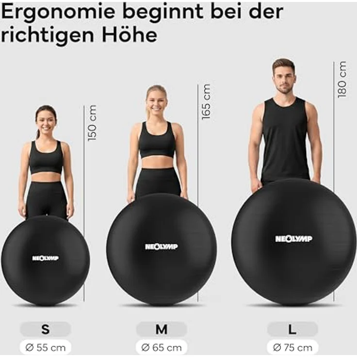 NEOLYMP Gymnastikball, ergonomischer Sitzball für Büro und Training, 300 kg belastbar, rutschfest & Anti Burst, Schwarz, Größe L | 180 cm – Bild 3