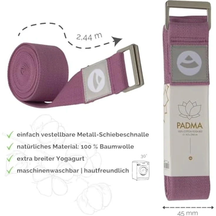 Bodhi Padma Yogagurt, extra breiter Yoga Belt aus 100% Baumwolle, waschbar, mit stabiler Schiebeschnalle aus Metall, bordeaux – Bild 2