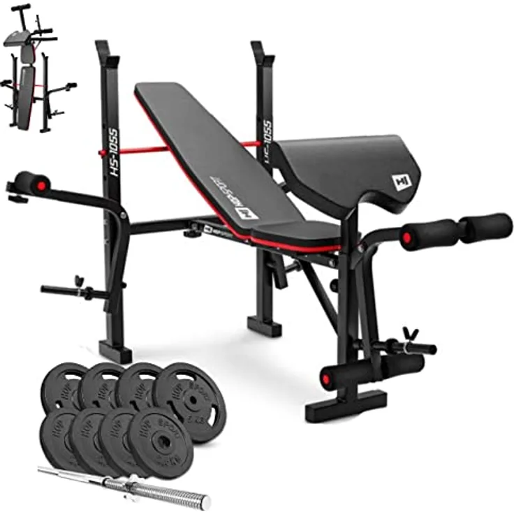 HS HOP-SPORT Klappbare Hantelbank HS-1055 mit Curlpult, Butterfly und Beincurler - Guss Gewichte 39 kg - Langhantel, SZ-Stange & Kurzhanteln (39 kg) - Schwarz